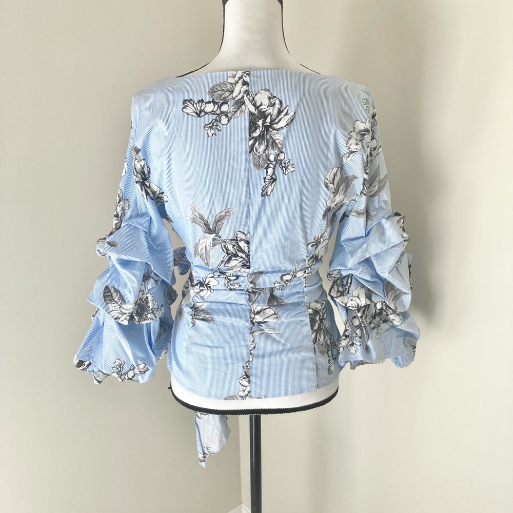 White House Black Market Floral Poplin Wrap Blouse Puff Sleeves Size 8 - Picture 6 of 10